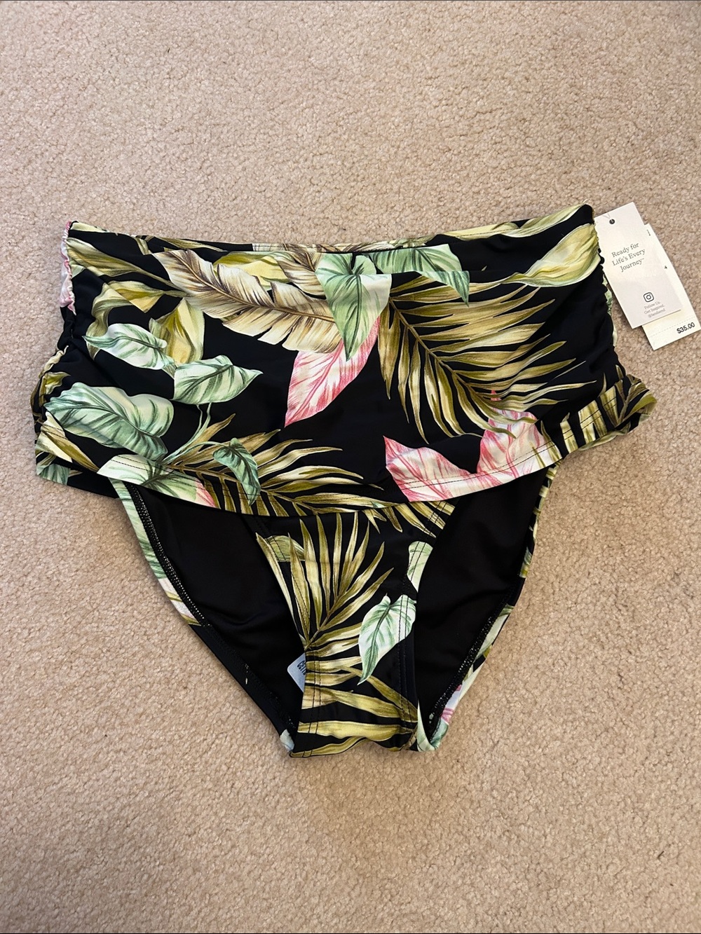 Lands' End Black Tropical Leaf High-Waist Bikini Bottoms